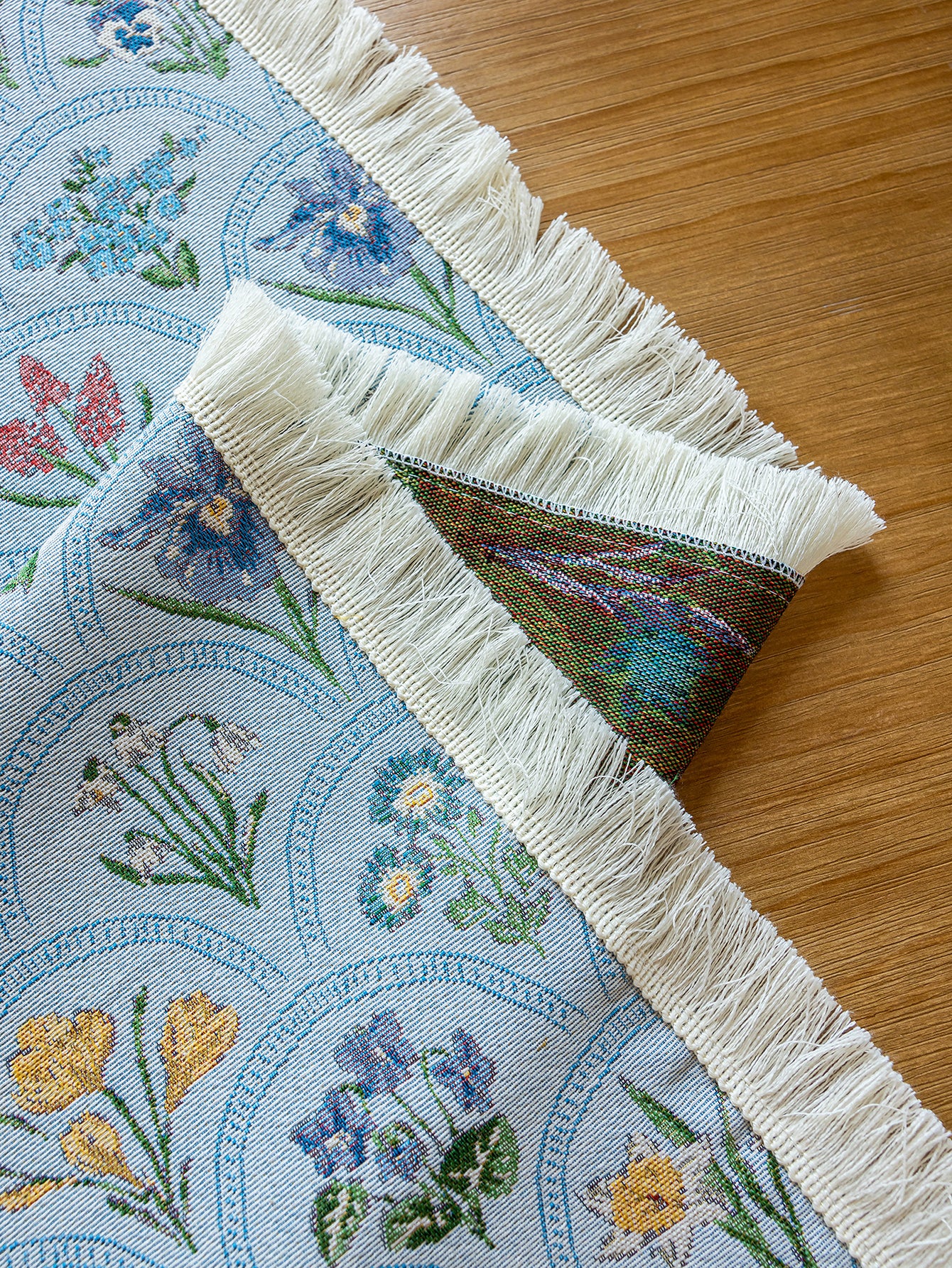 LaLuna Home Thousand Blooms Jacquard  Tablecloth with Tassels - Blue