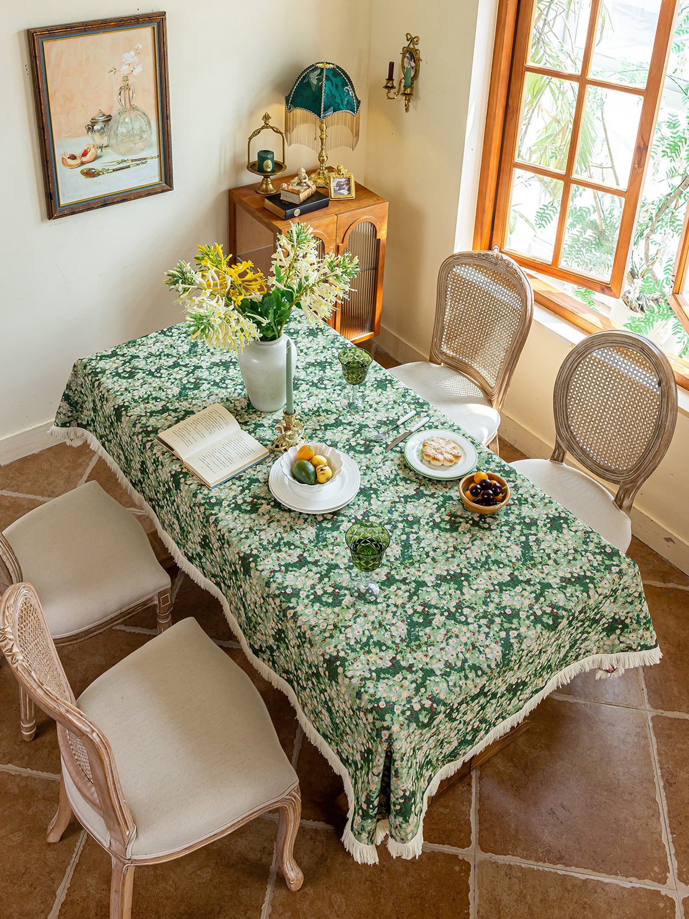 LaLuna Home Green Meadow  Jacquard  Tablecloth with Tassels