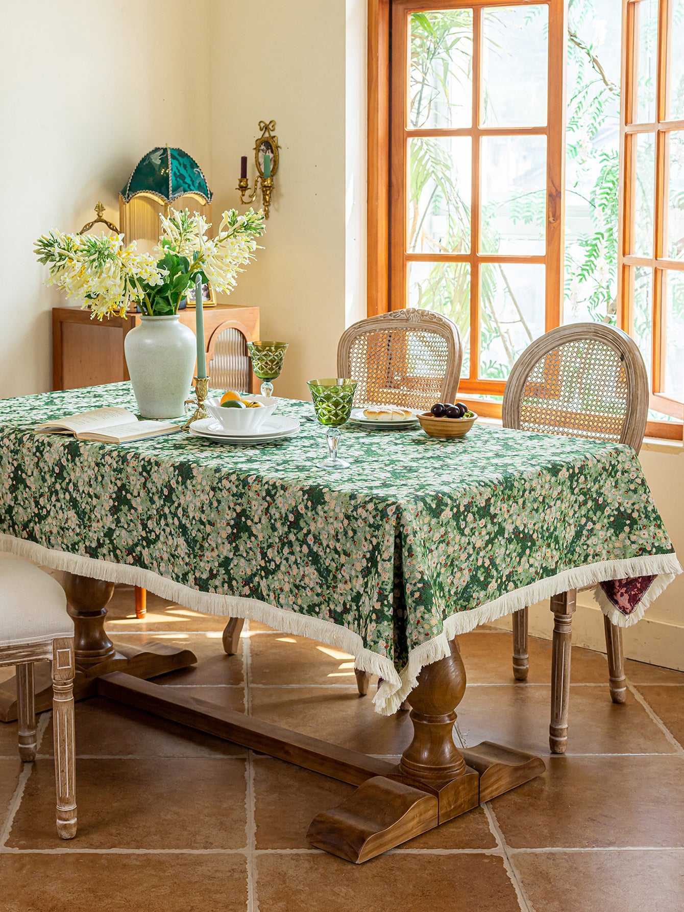 LaLuna Home Green Meadow  Jacquard  Tablecloth with Tassels