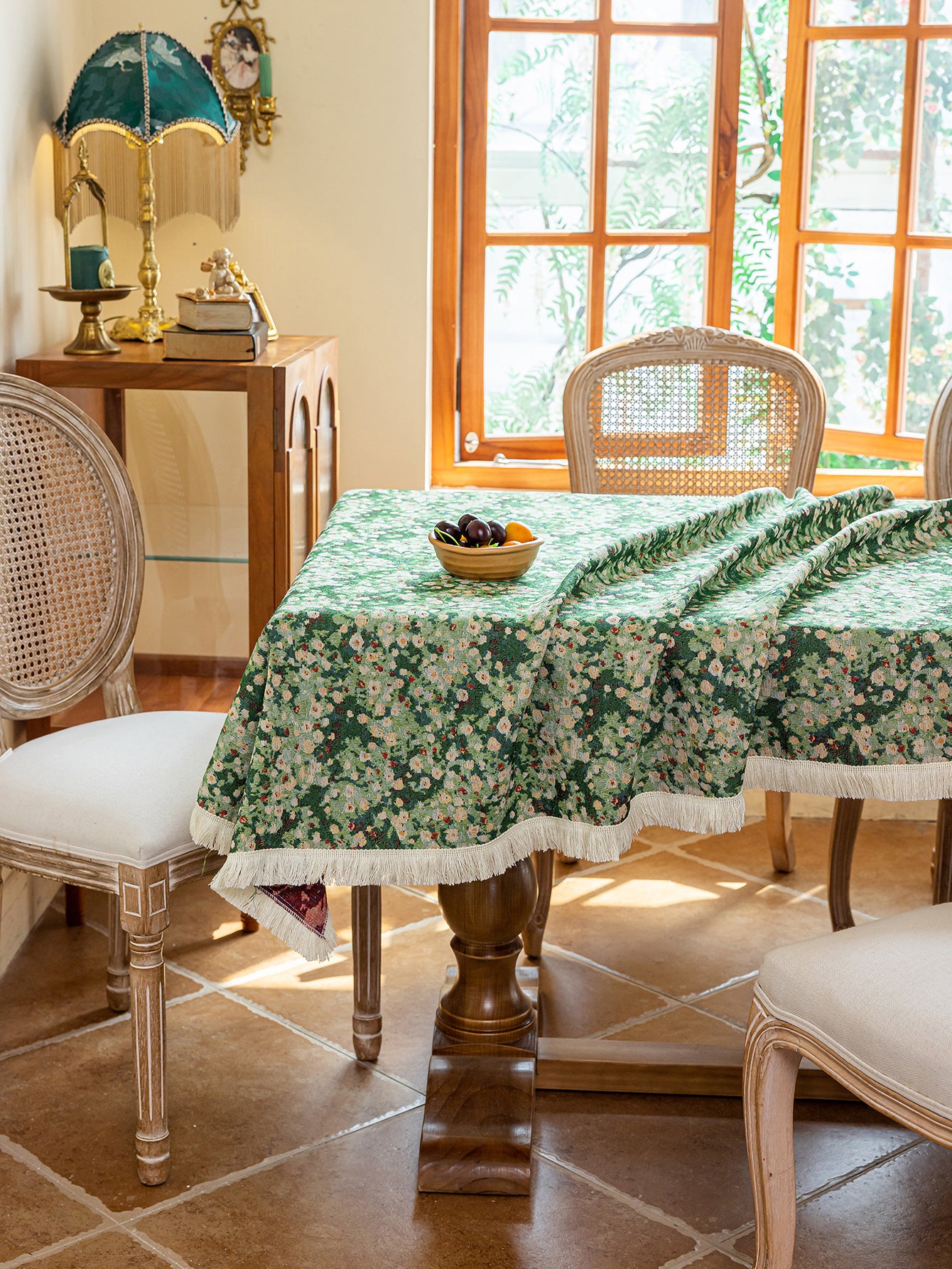 LaLuna Home Green Meadow  Jacquard  Tablecloth with Tassels