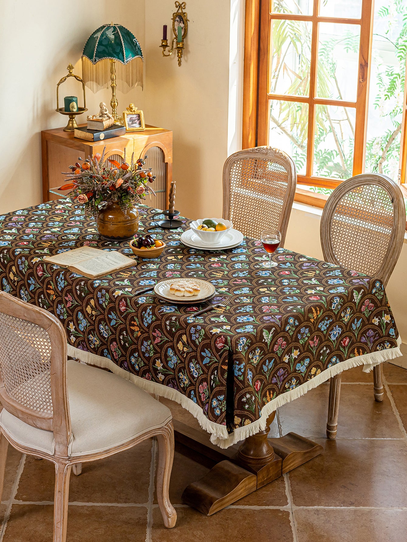 LaLuna Home Thousand Blooms Jacquard  Tablecloth with Tassels - Coffee