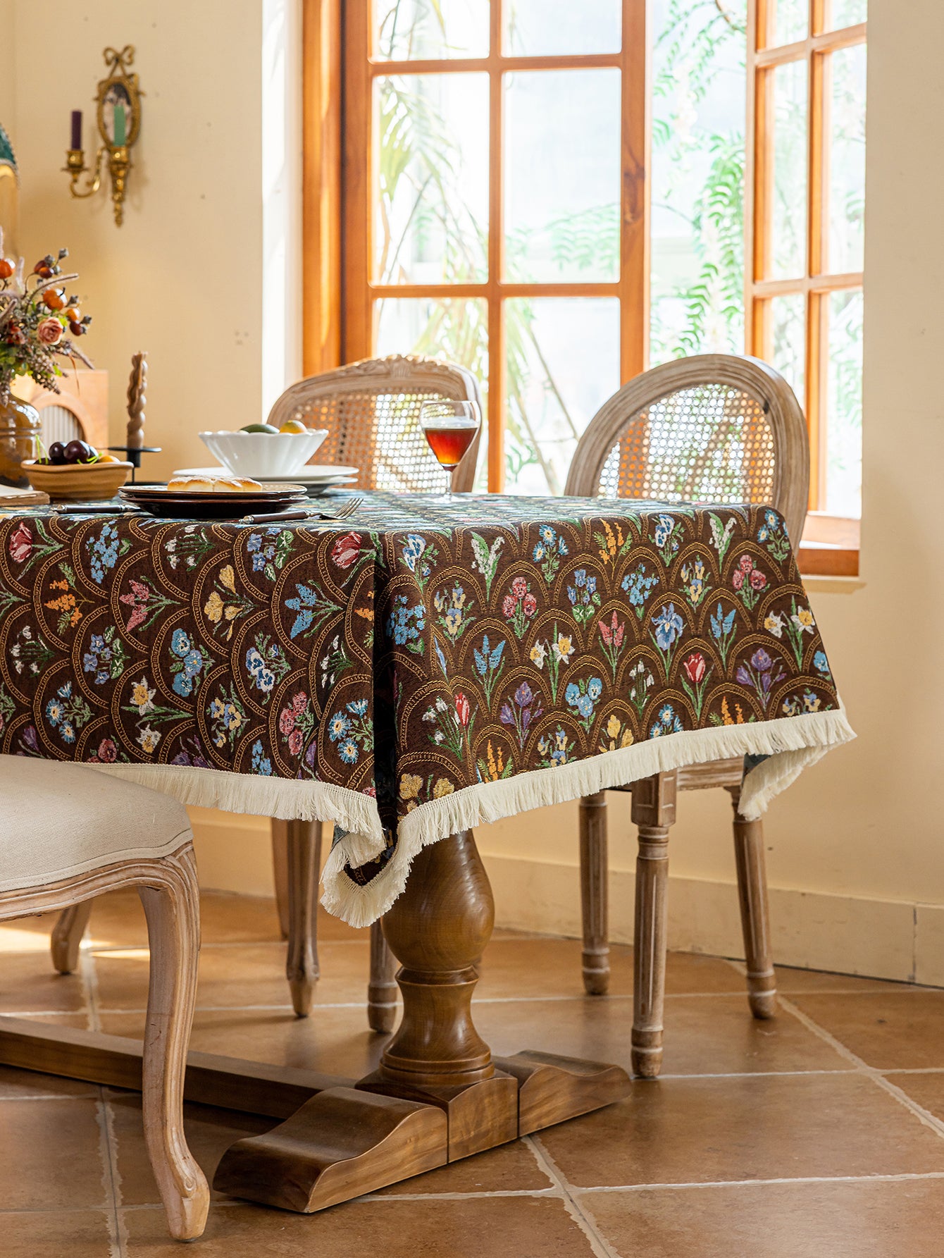 LaLuna Home Thousand Blooms Jacquard  Tablecloth with Tassels - Coffee