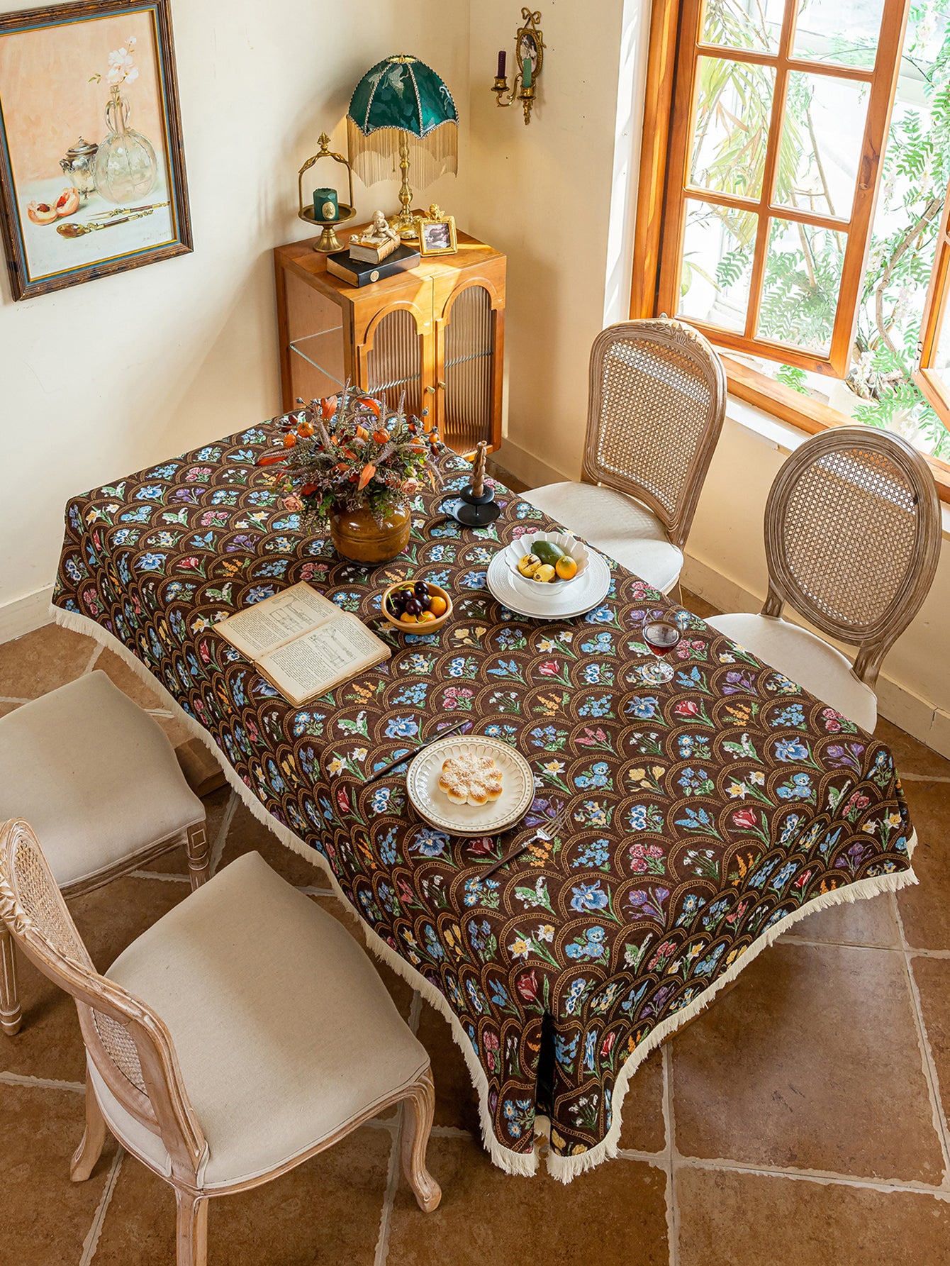 LaLuna Home Thousand Blooms Jacquard  Tablecloth with Tassels - Coffee