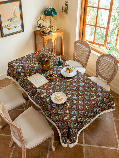 LaLuna Home Thousand Blooms Jacquard  Tablecloth with Tassels - Coffee