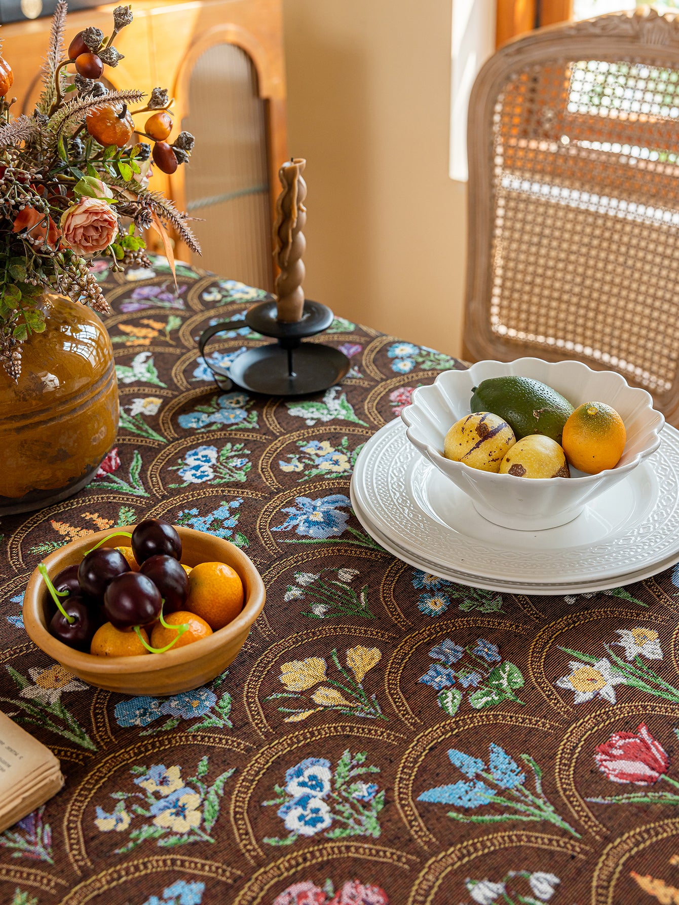 LaLuna Home Thousand Blooms Jacquard  Tablecloth with Tassels - Coffee
