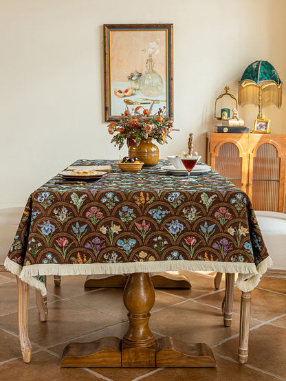 LaLuna Home Thousand Blooms Jacquard  Tablecloth with Tassels - Coffee