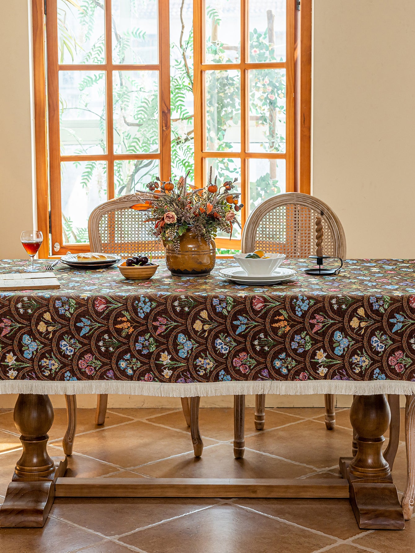 LaLuna Home Thousand Blooms Jacquard  Tablecloth with Tassels - Coffee