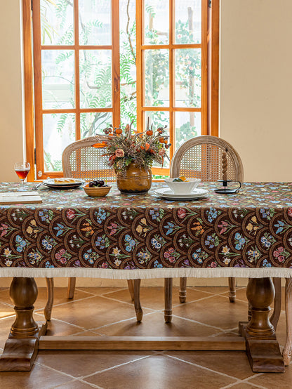 LaLuna Home Thousand Blooms Jacquard  Tablecloth with Tassels - Coffee