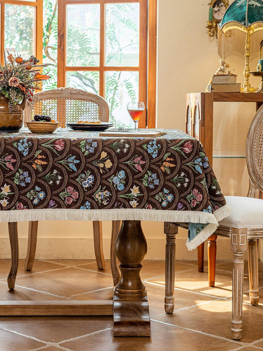 LaLuna Home Thousand Blooms Jacquard  Tablecloth with Tassels - Coffee