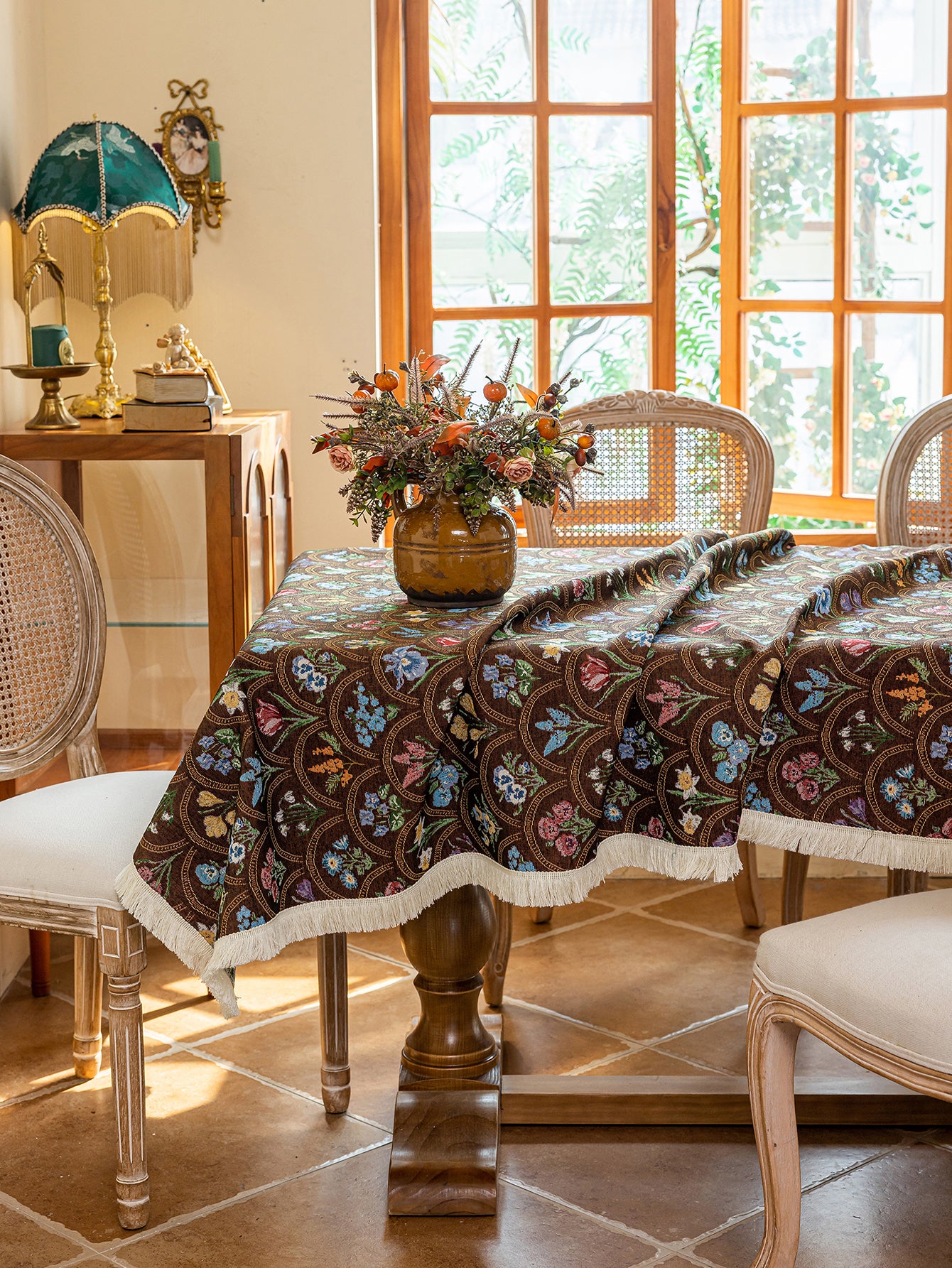 LaLuna Home Thousand Blooms Jacquard  Tablecloth with Tassels - Coffee
