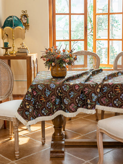 LaLuna Home Thousand Blooms Jacquard  Tablecloth with Tassels - Coffee