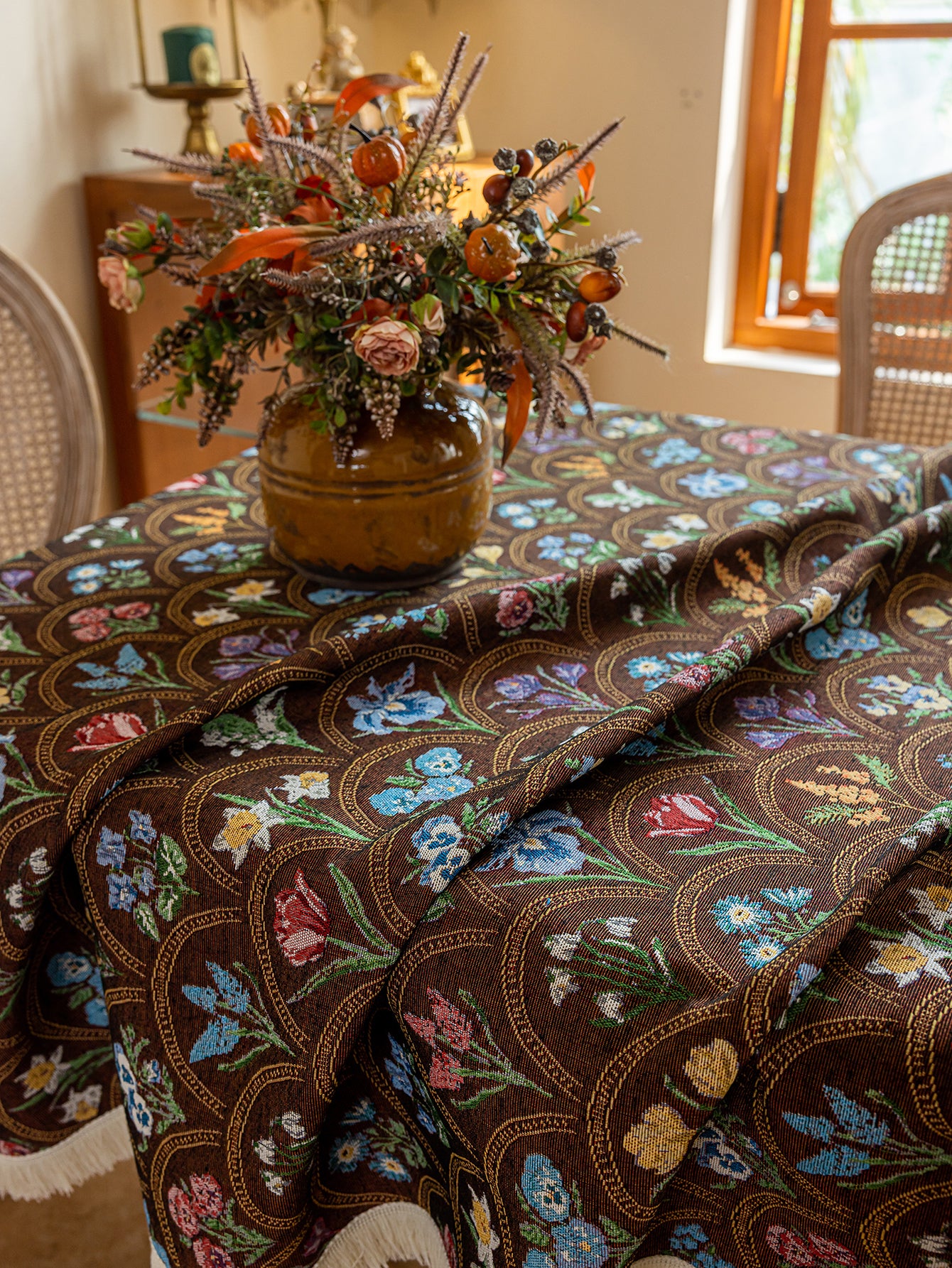 LaLuna Home Thousand Blooms Jacquard  Tablecloth with Tassels - Coffee