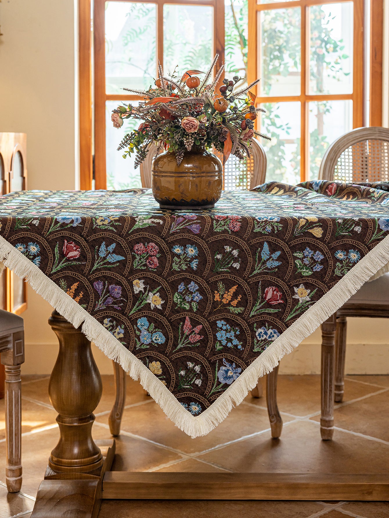 LaLuna Home Thousand Blooms Jacquard  Tablecloth with Tassels - Coffee