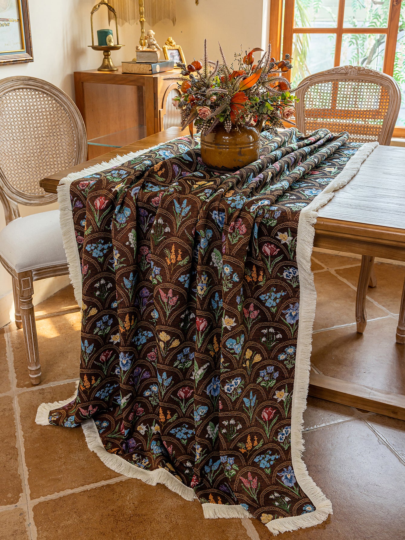 LaLuna Home Thousand Blooms Jacquard  Tablecloth with Tassels - Coffee