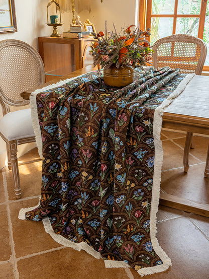 LaLuna Home Thousand Blooms Jacquard  Tablecloth with Tassels - Coffee
