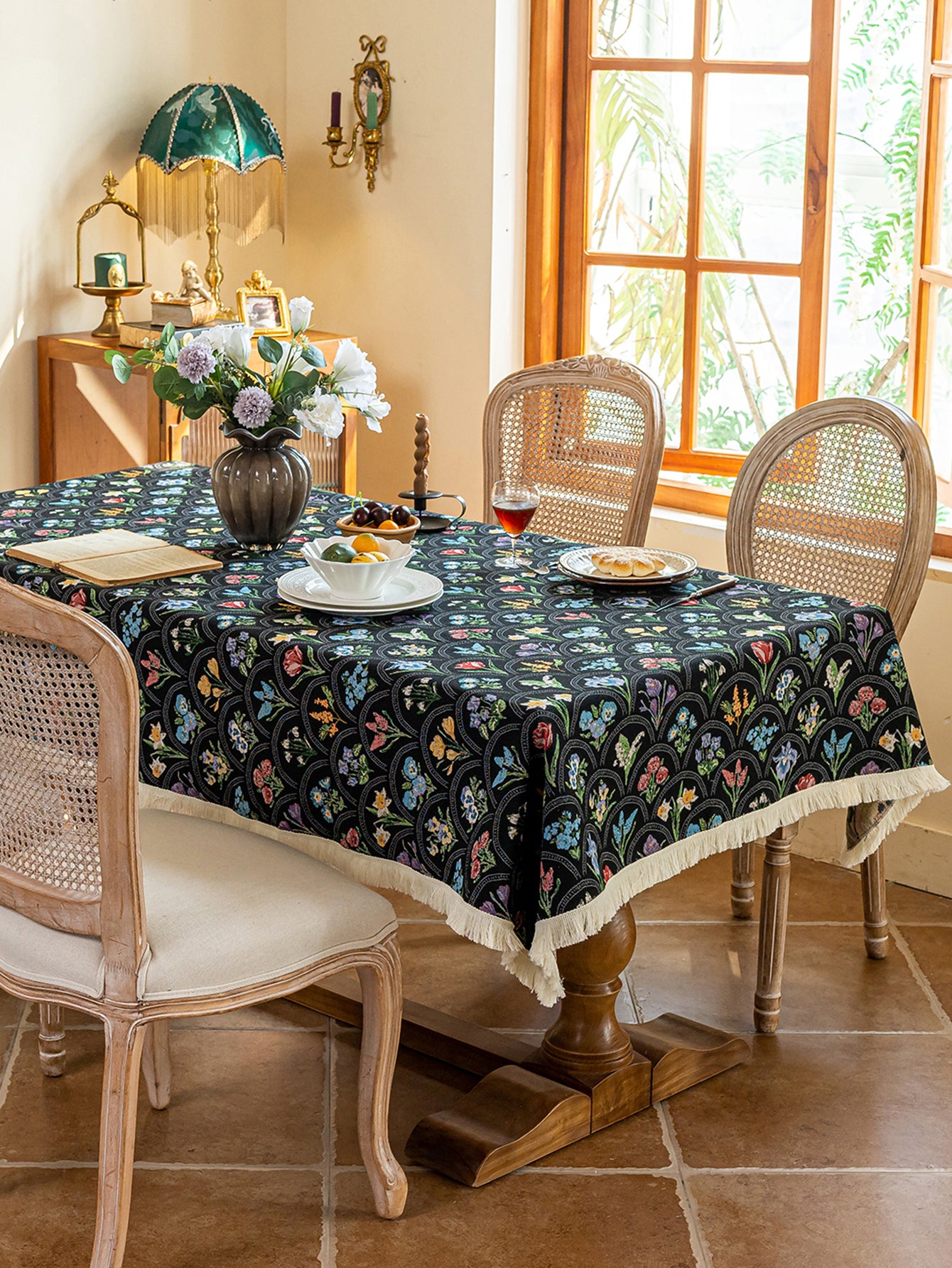 LaLuna Home Thousand Blooms Jacquard  Tablecloth with Tassels - Black
