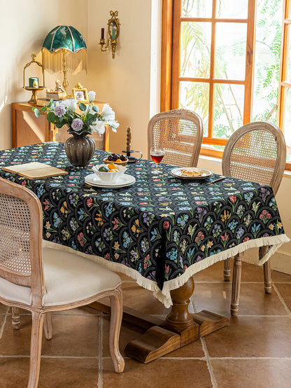 LaLuna Home Thousand Blooms Jacquard  Tablecloth with Tassels - Black