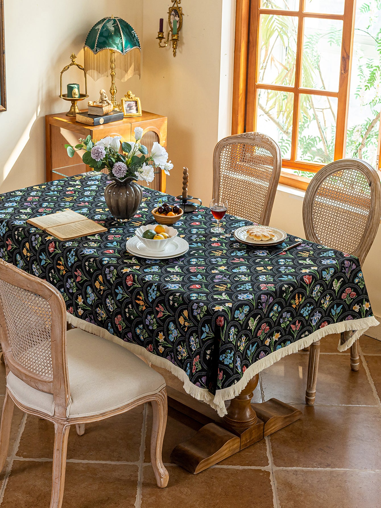 LaLuna Home Thousand Blooms Jacquard  Tablecloth with Tassels - Black