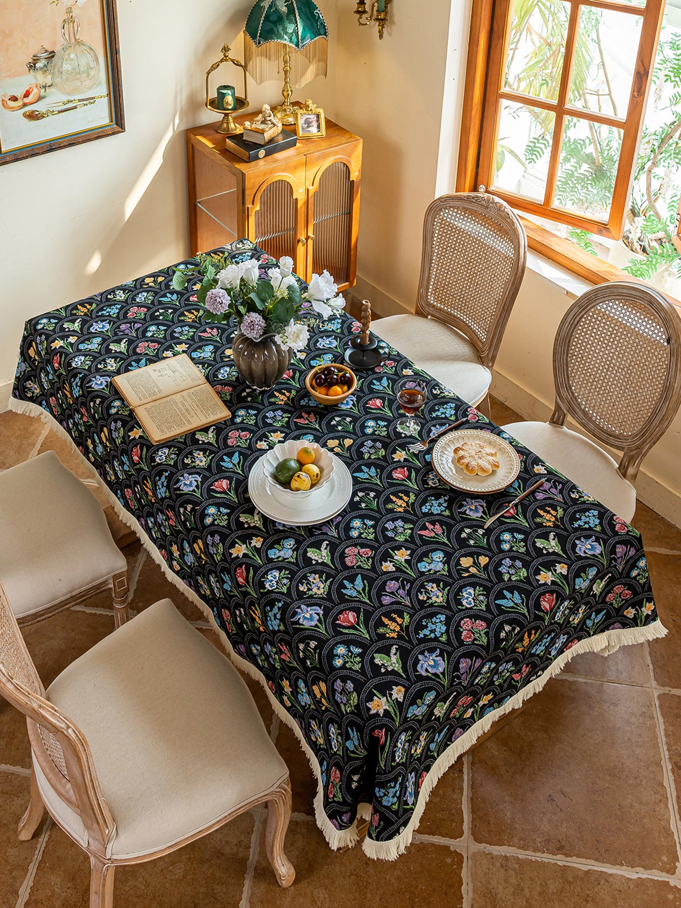LaLuna Home Thousand Blooms Jacquard  Tablecloth with Tassels - Black