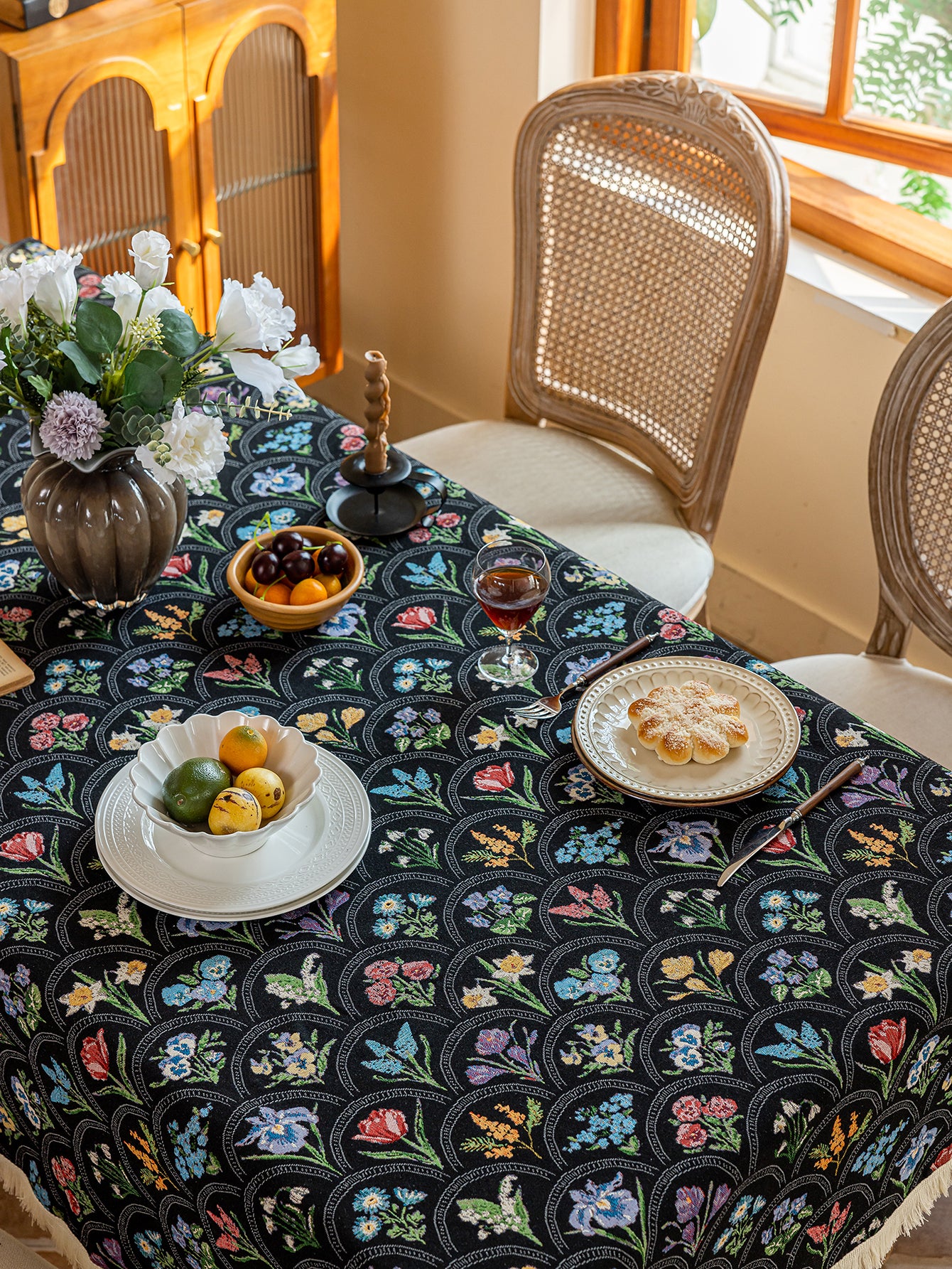 LaLuna Home Thousand Blooms Jacquard  Tablecloth with Tassels - Black