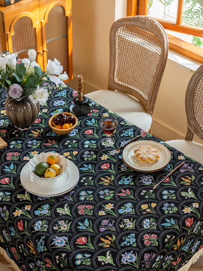 LaLuna Home Thousand Blooms Jacquard  Tablecloth with Tassels - Black