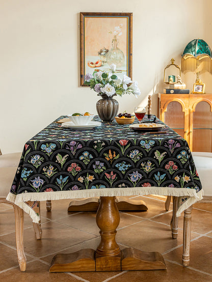 LaLuna Home Thousand Blooms Jacquard  Tablecloth with Tassels - Black