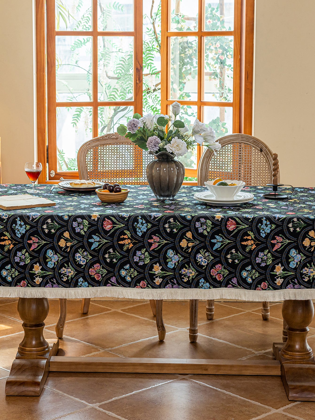 LaLuna Home Thousand Blooms Jacquard  Tablecloth with Tassels - Black