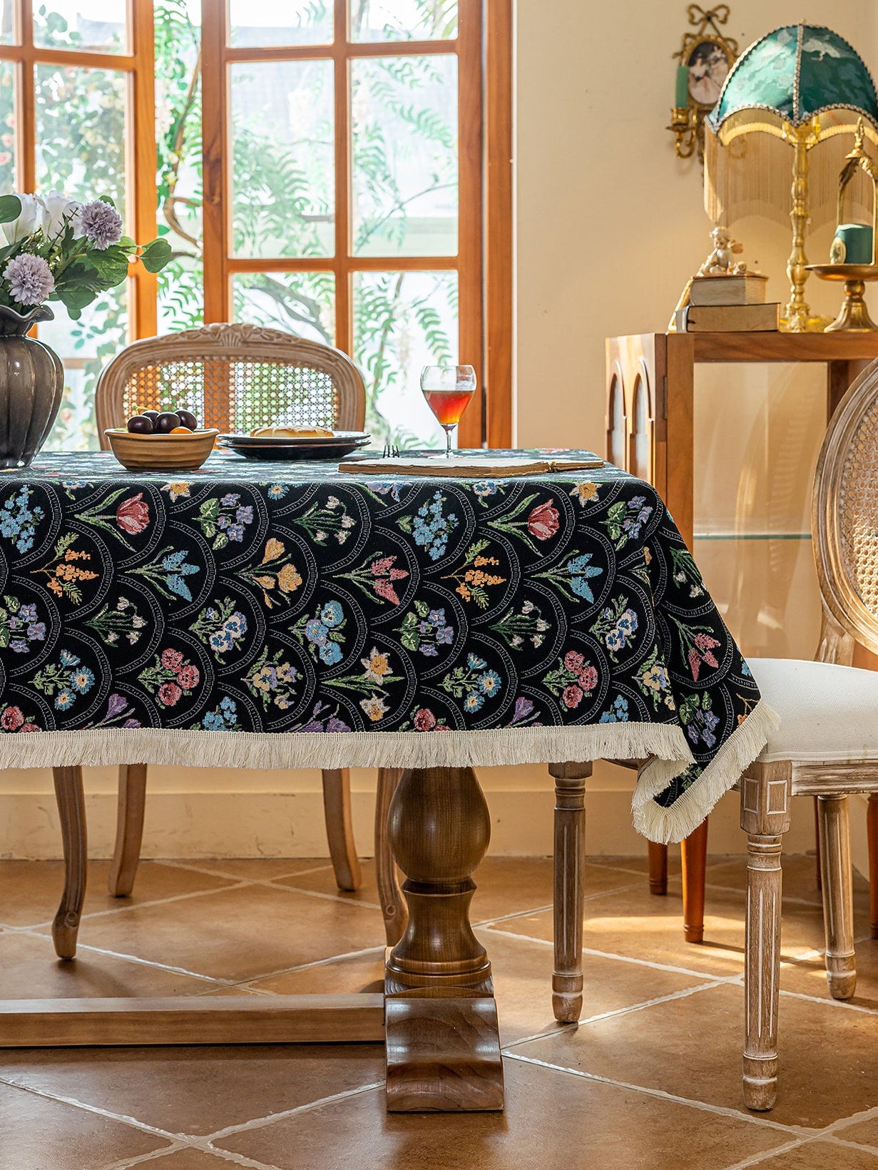 LaLuna Home Thousand Blooms Jacquard  Tablecloth with Tassels - Black