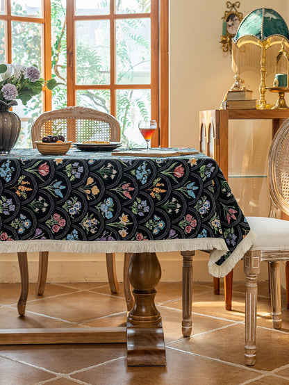 LaLuna Home Thousand Blooms Jacquard  Tablecloth with Tassels - Black
