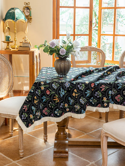 LaLuna Home Thousand Blooms Jacquard  Tablecloth with Tassels - Black