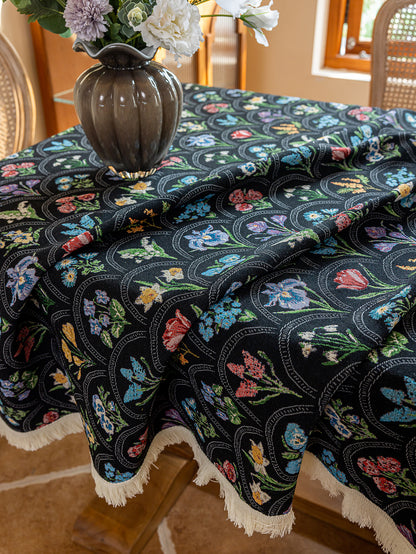 LaLuna Home Thousand Blooms Jacquard  Tablecloth with Tassels - Black