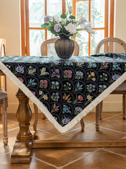 LaLuna Home Thousand Blooms Jacquard  Tablecloth with Tassels - Black