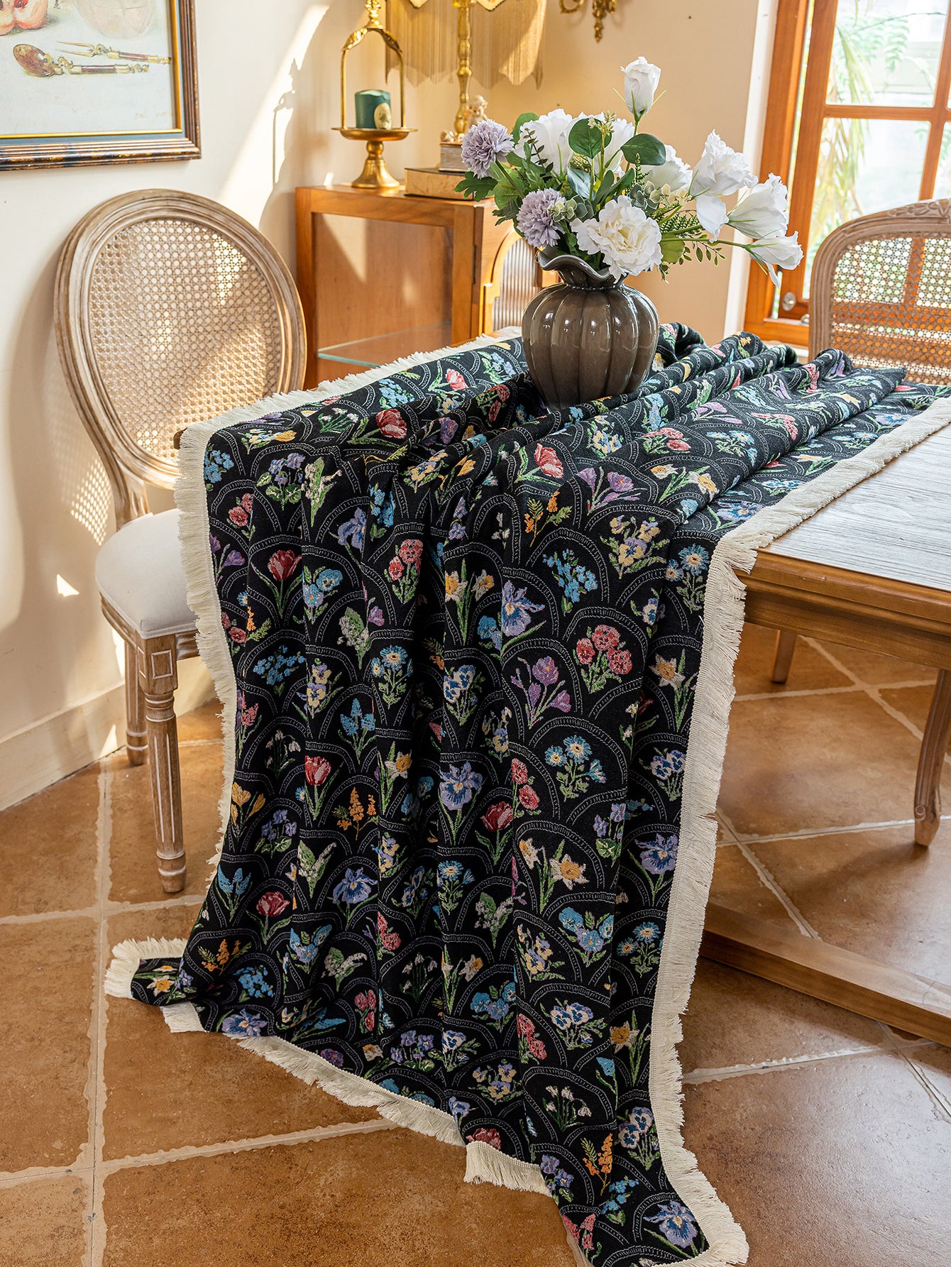 LaLuna Home Thousand Blooms Jacquard  Tablecloth with Tassels - Black