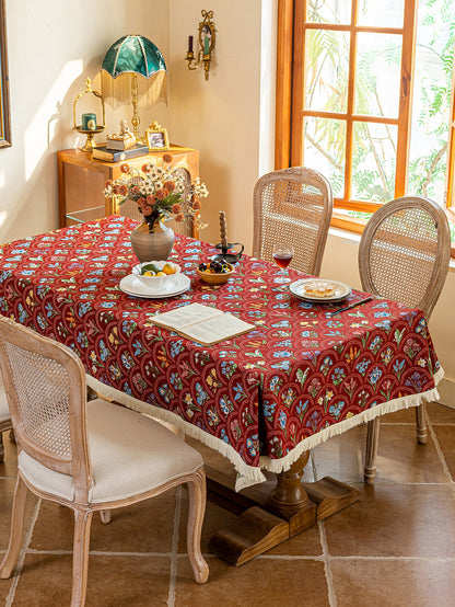 LaLuna Home Thousand Blooms Jacquard  Tablecloth with Tassels - Red