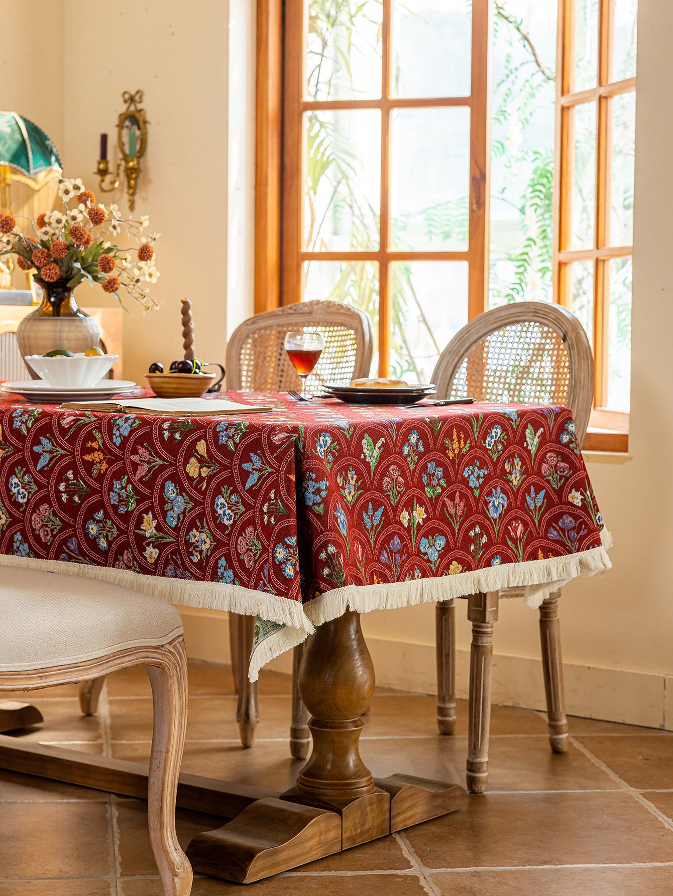 LaLuna Home Thousand Blooms Jacquard  Tablecloth with Tassels - Red