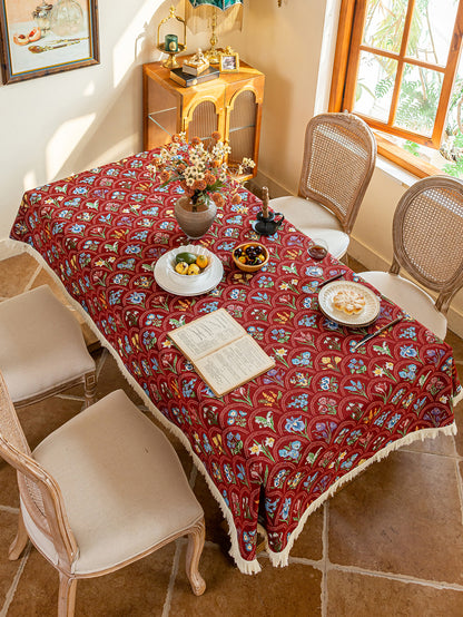 LaLuna Home Thousand Blooms Jacquard  Tablecloth with Tassels - Red