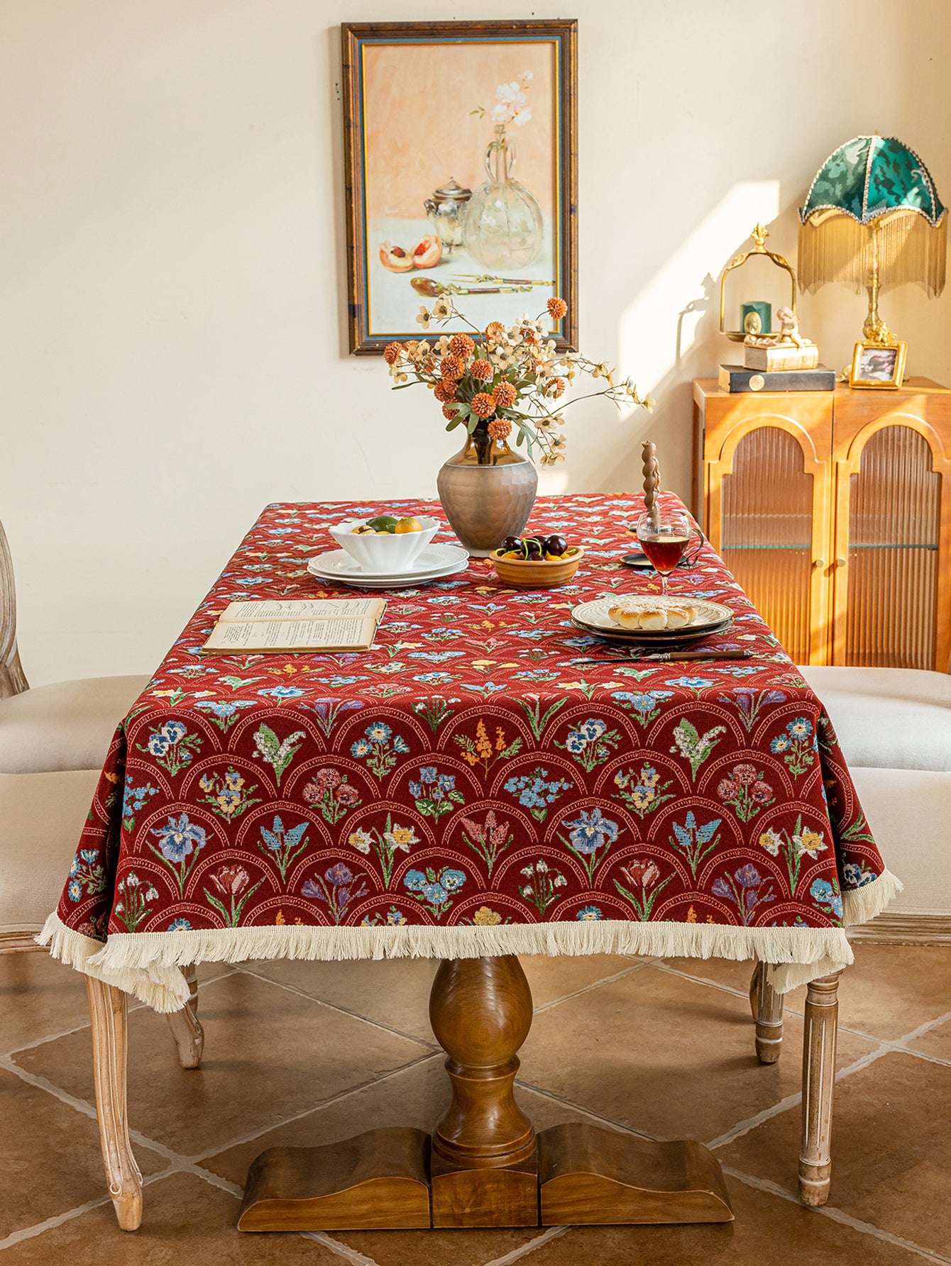 LaLuna Home Thousand Blooms Jacquard  Tablecloth with Tassels - Red
