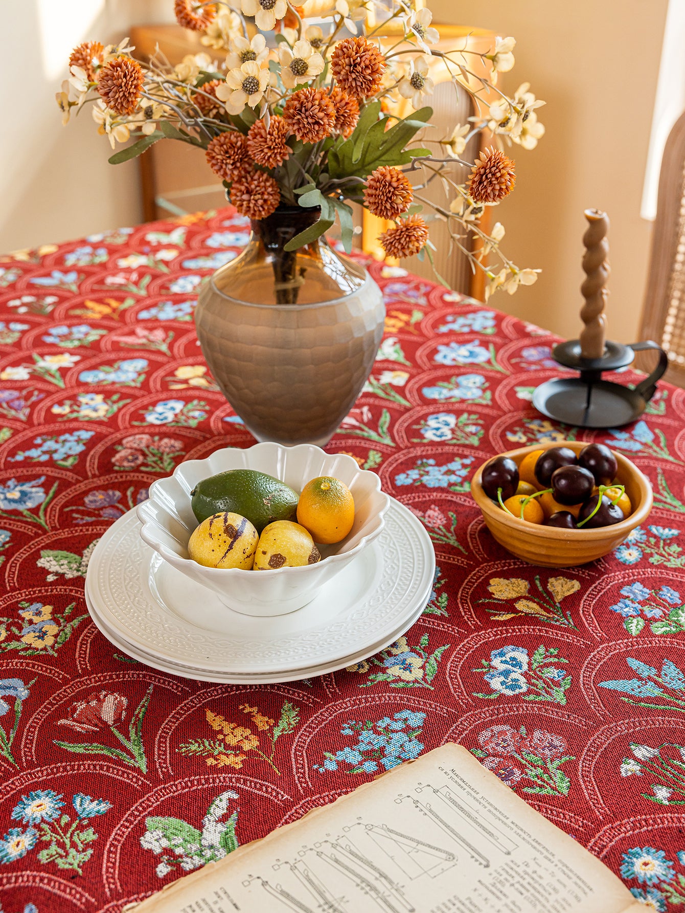 LaLuna Home Thousand Blooms Jacquard  Tablecloth with Tassels - Red