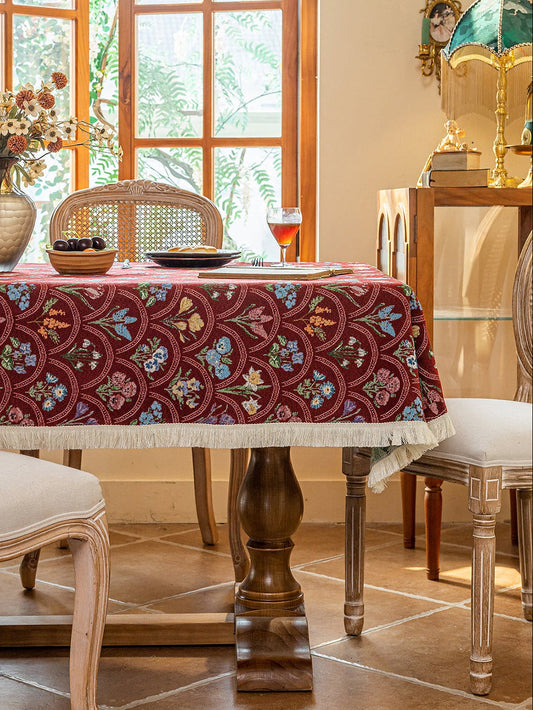 LaLuna Home Thousand Blooms Jacquard  Tablecloth with Tassels - Red