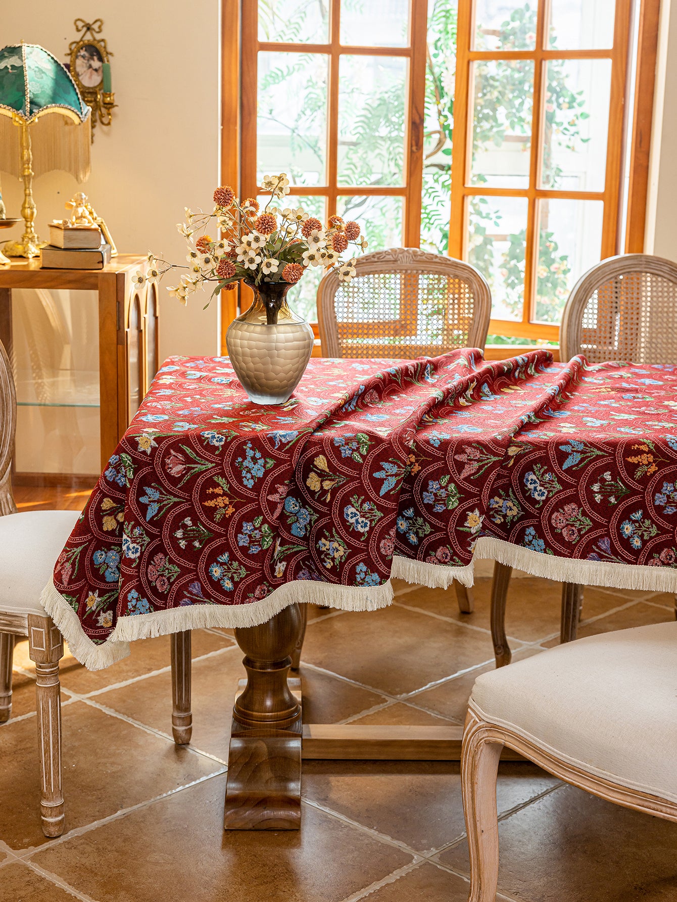 LaLuna Home Thousand Blooms Jacquard  Tablecloth with Tassels - Red