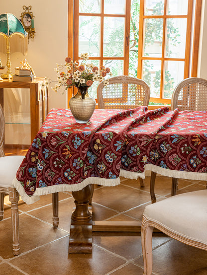 LaLuna Home Thousand Blooms Jacquard  Tablecloth with Tassels - Red