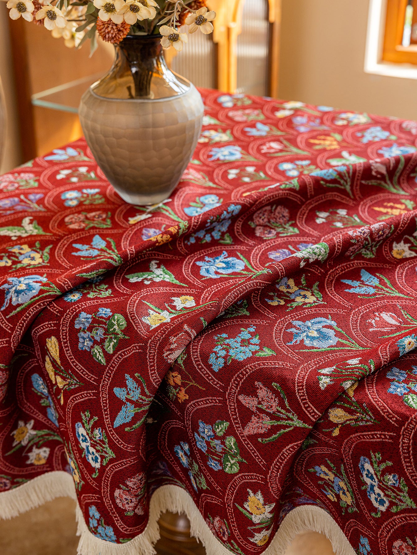 LaLuna Home Thousand Blooms Jacquard  Tablecloth with Tassels - Red
