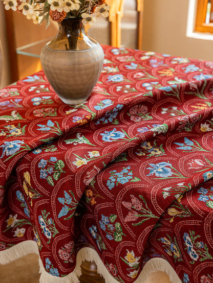 LaLuna Home Thousand Blooms Jacquard  Tablecloth with Tassels - Red