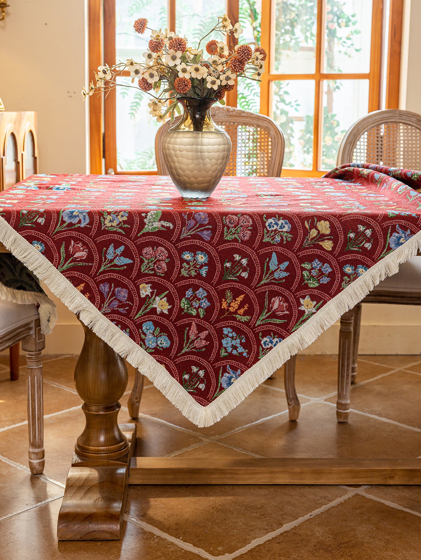 LaLuna Home Thousand Blooms Jacquard  Tablecloth with Tassels - Red