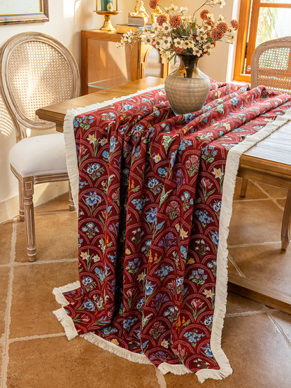 LaLuna Home Thousand Blooms Jacquard  Tablecloth with Tassels - Red