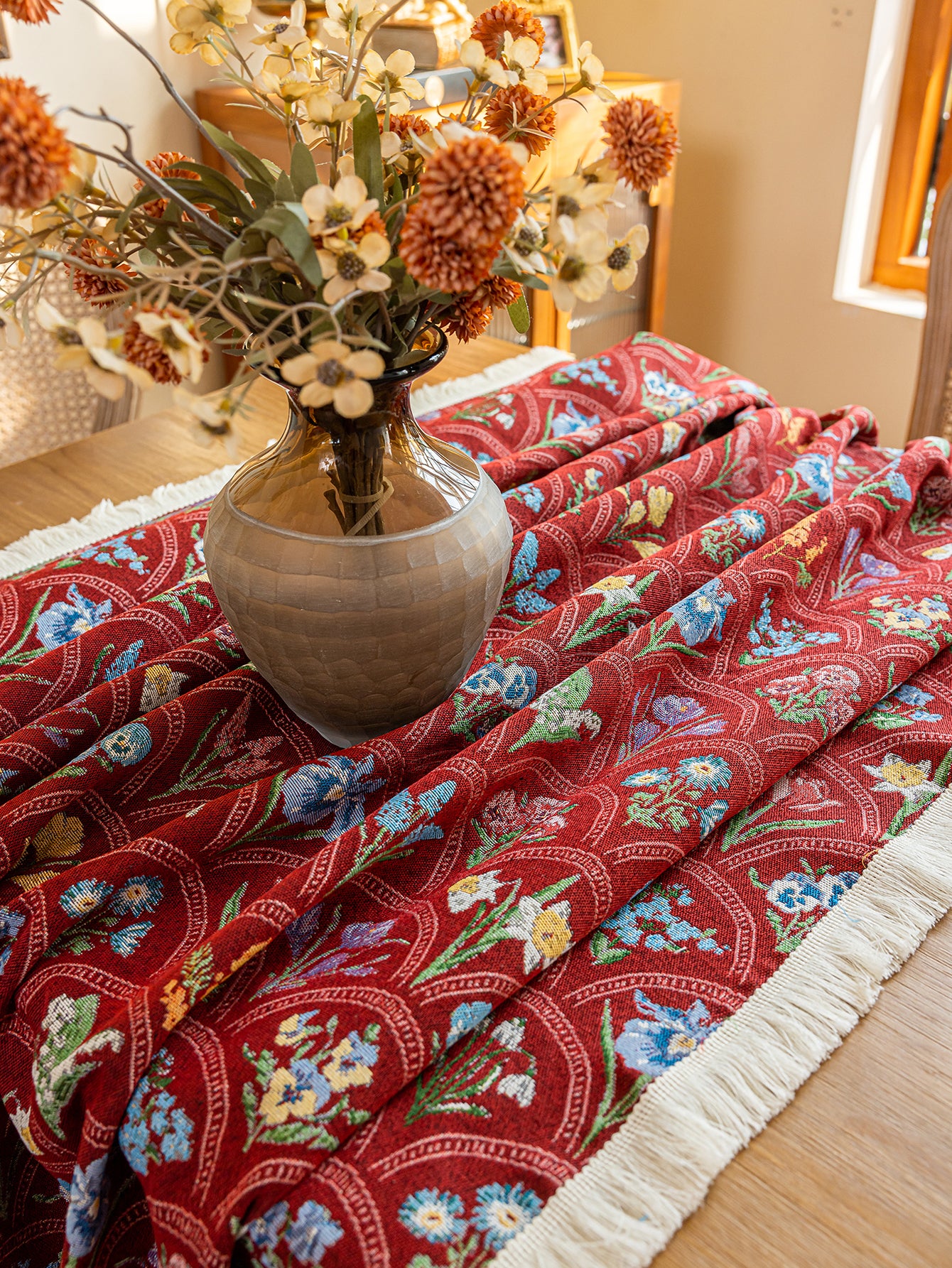 LaLuna Home Thousand Blooms Jacquard  Tablecloth with Tassels - Red