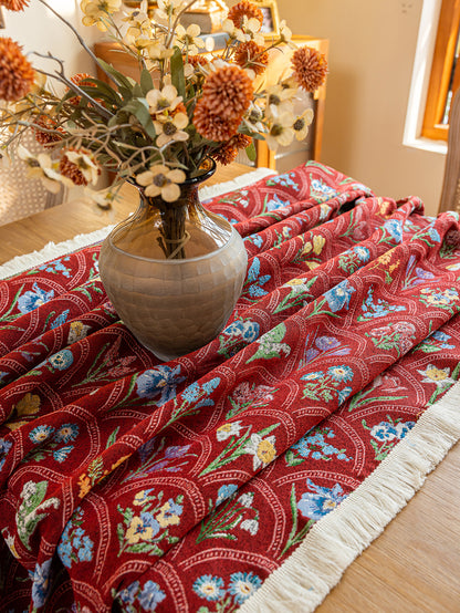 LaLuna Home Thousand Blooms Jacquard  Tablecloth with Tassels - Red