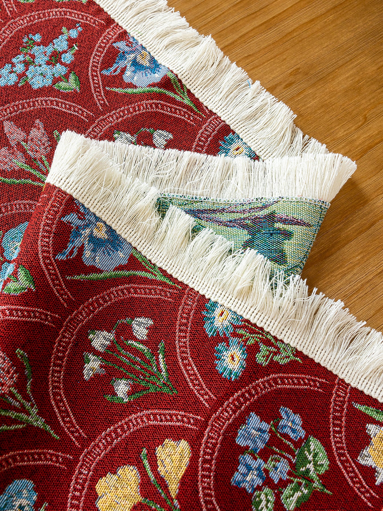 LaLuna Home Thousand Blooms Jacquard  Tablecloth with Tassels - Red