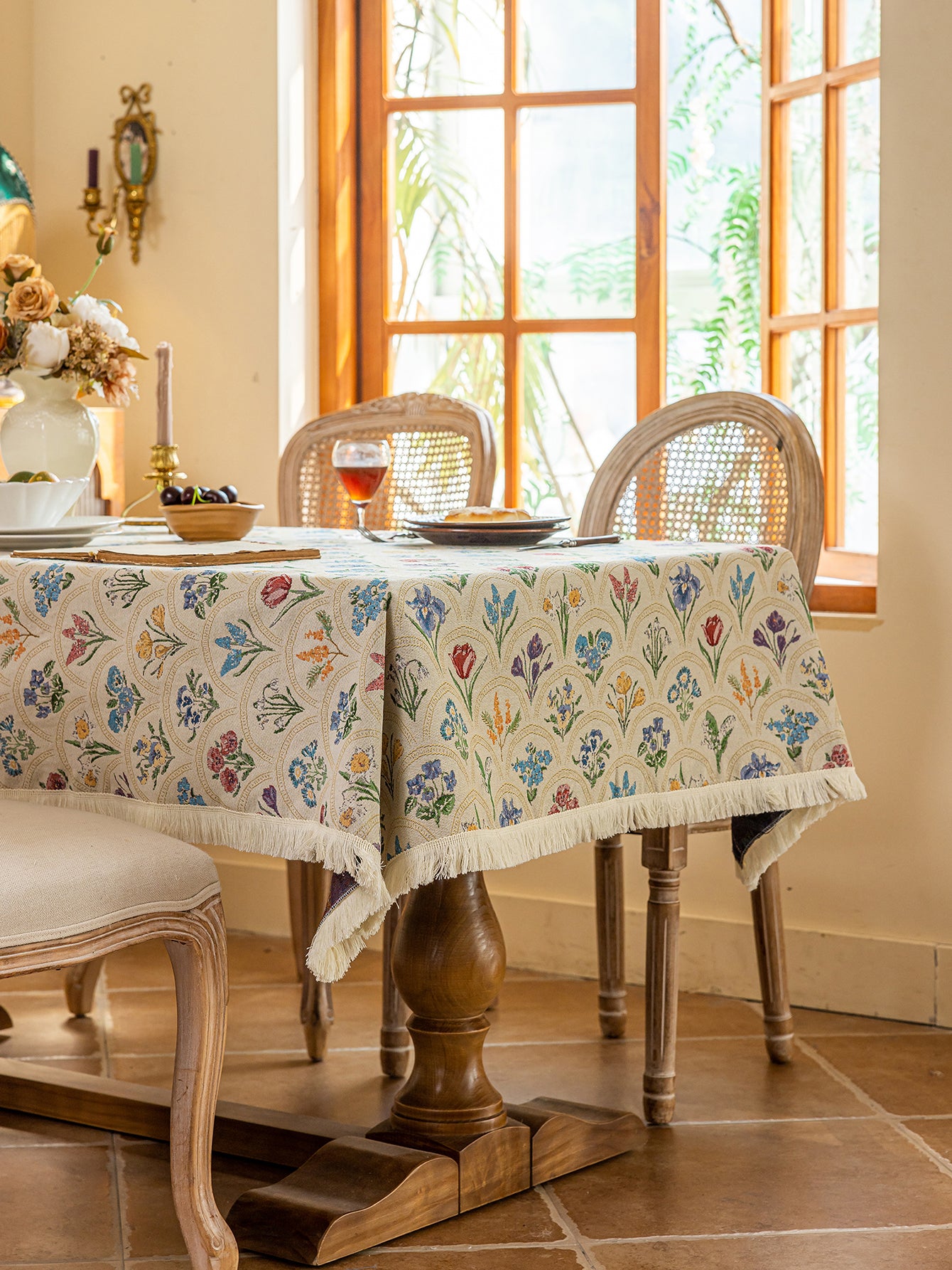 LaLuna Home Thousand Blooms Jacquard  Tablecloth with Tassels - Beige