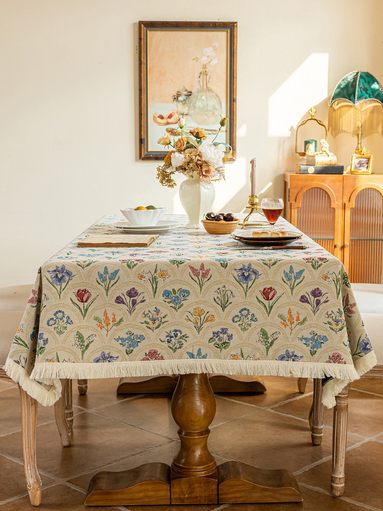 LaLuna Home Thousand Blooms Jacquard  Tablecloth with Tassels - Beige